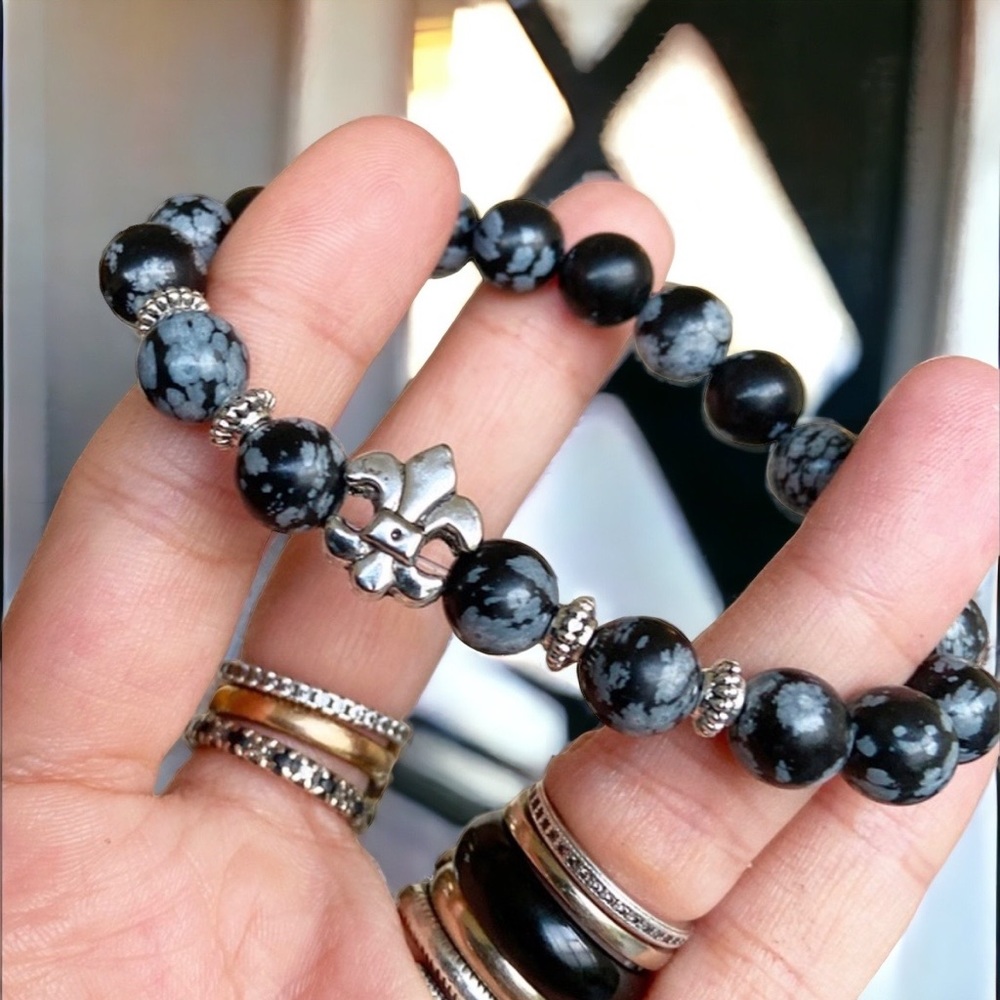 Men or women Obsidian gems fleur de lis bracelet
